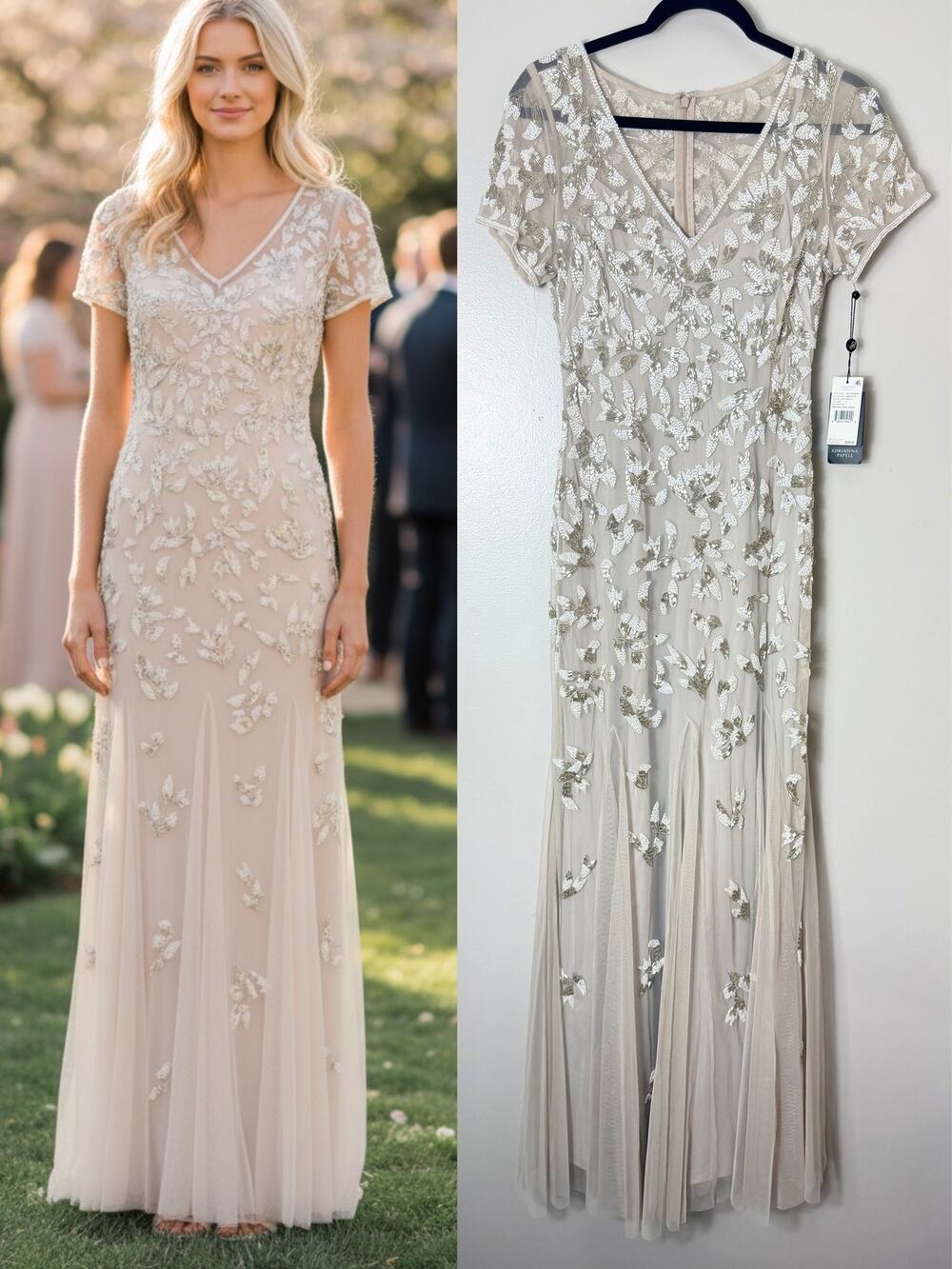 Adrianna Papell Nude White Beaded Sequin Wedding Gown Dress